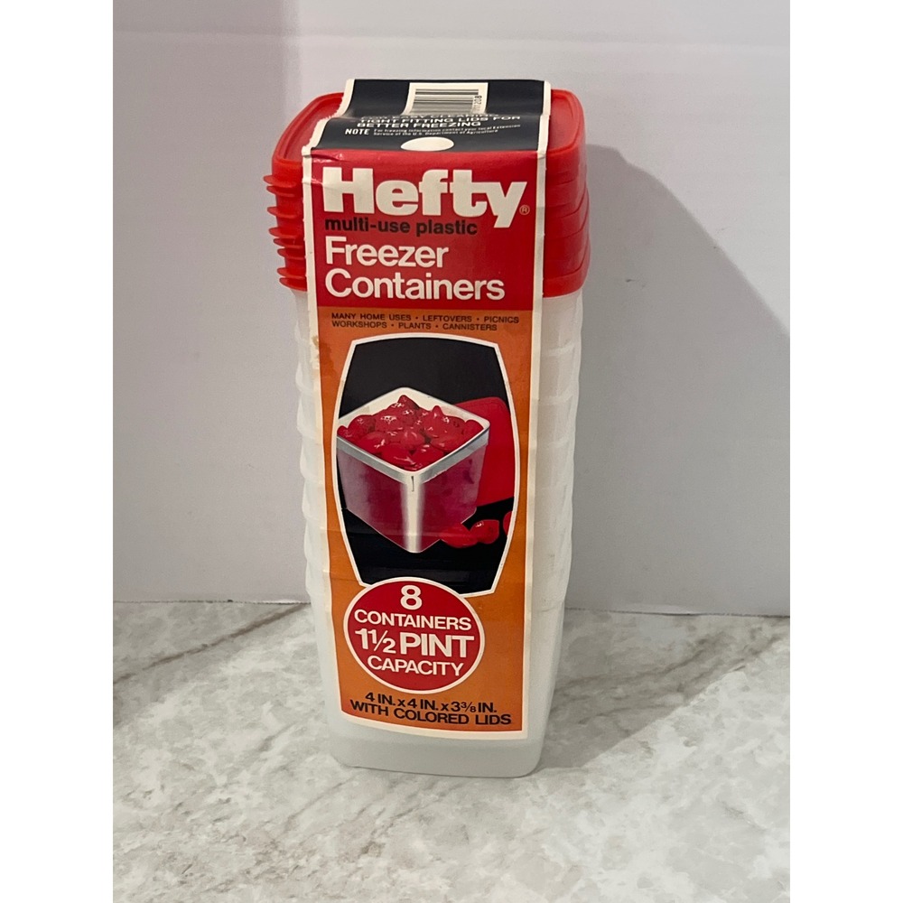 Vintage 1978 Hefty Plastic Freezer Containers 8 Pack 1.5 Pint Red Lids New NOS